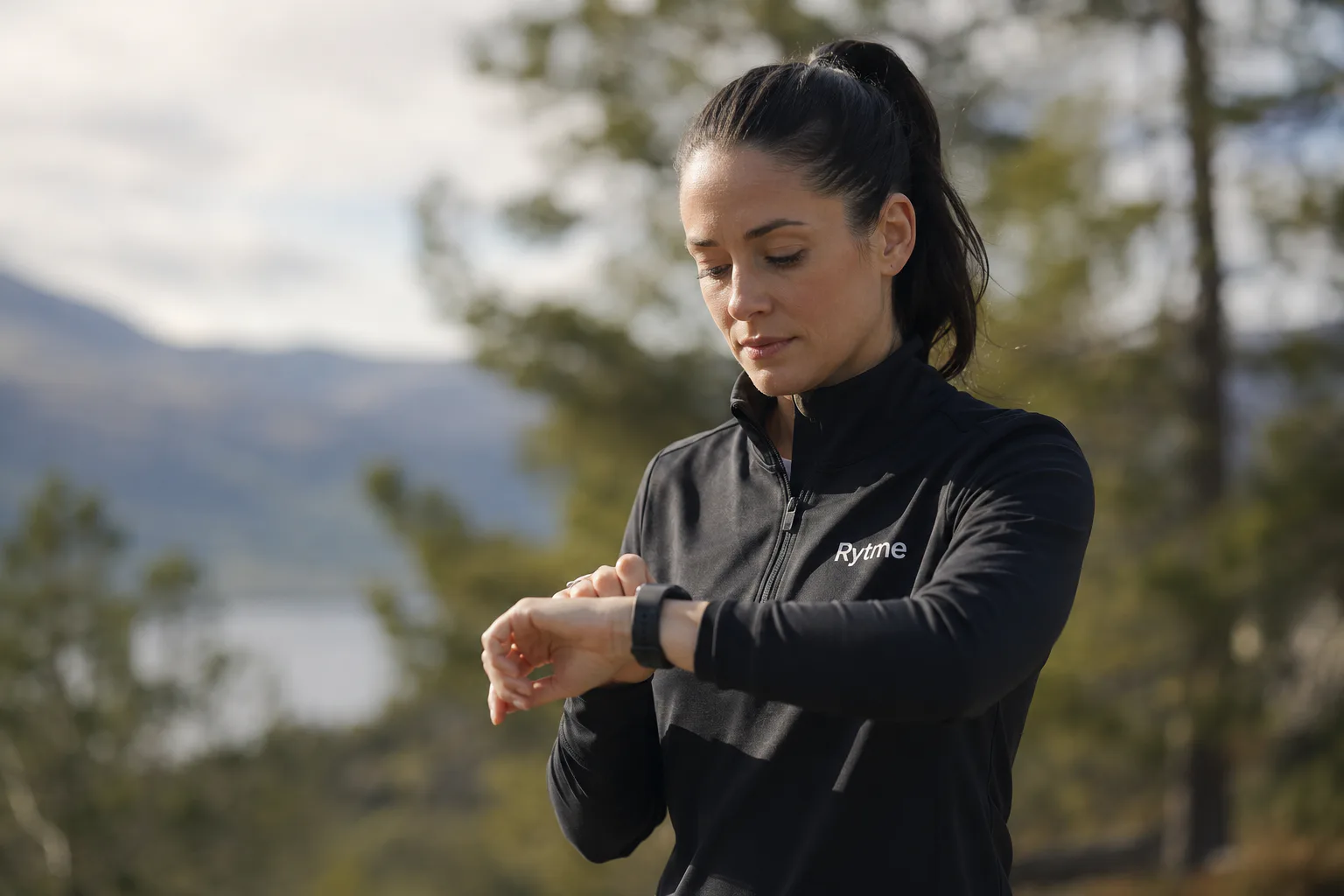AI-generated concept image of a client checking activity data on a smartwatch outdoors